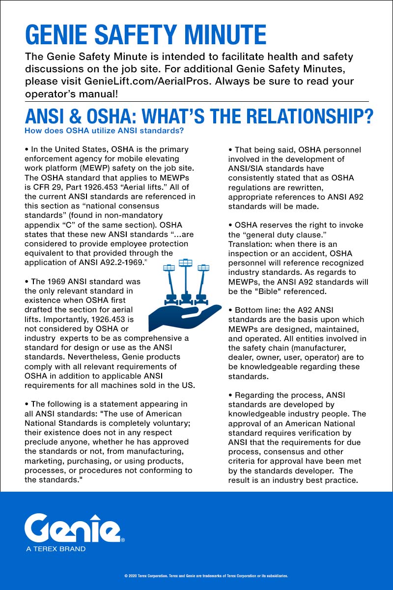 5 - May - GENIE SAFETY MINUTE - ANSI and OSHA: What's the Relationship? SAFETY MINUTE - ANSI and OSHA: What's the Relationship?