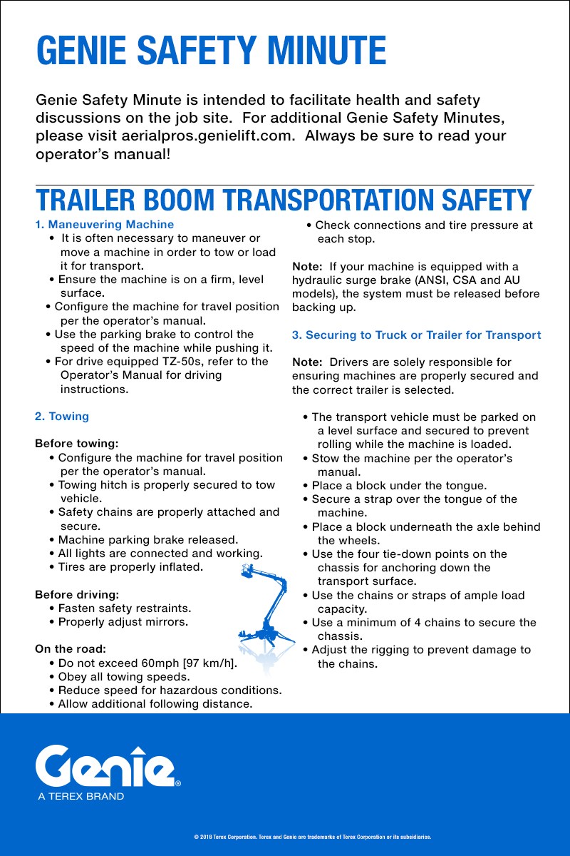 COPY IMAGE Genie Safety Minute: Trailer Boom Transportation Safety Genie Safety Minute: Trailer Boom Transportation Safety